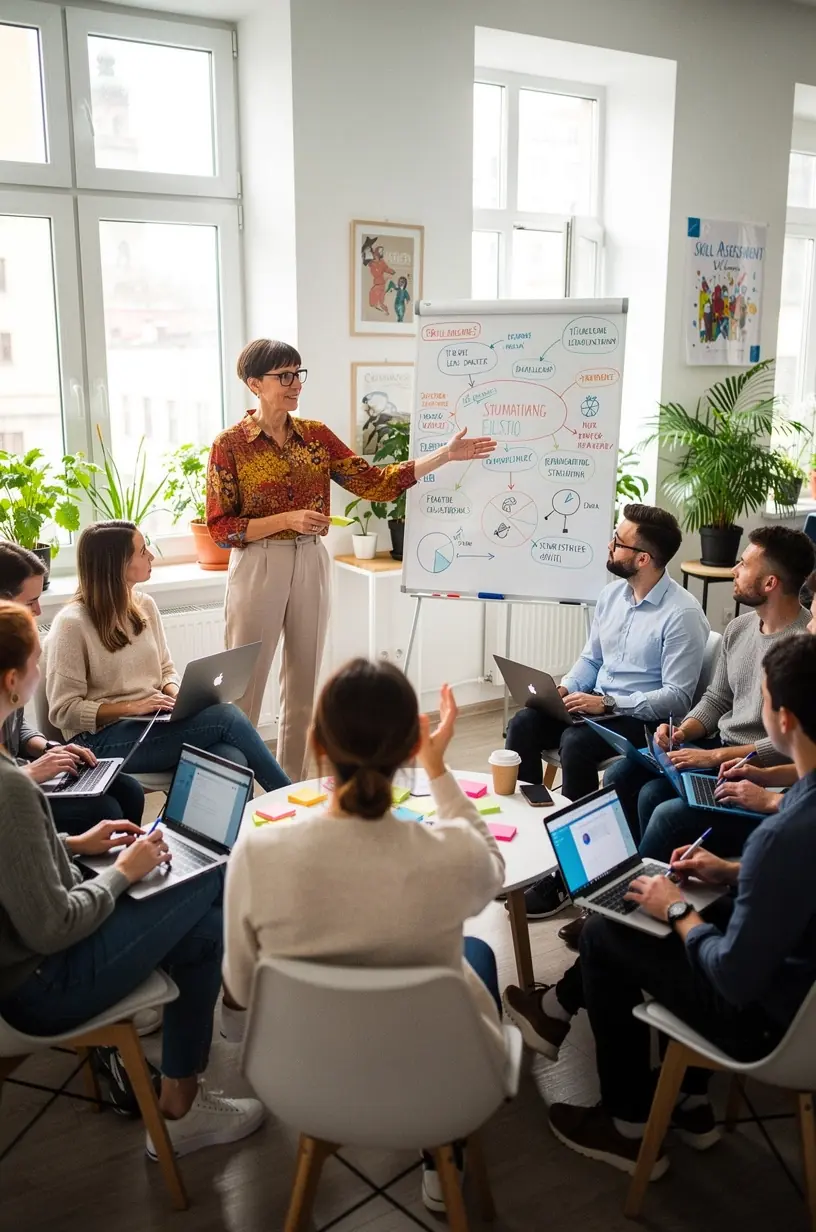 Ekspert prowadzi indywidualne doradztwo zawodowe podczas sesji mentoringowej w profesjonalnym biurze.